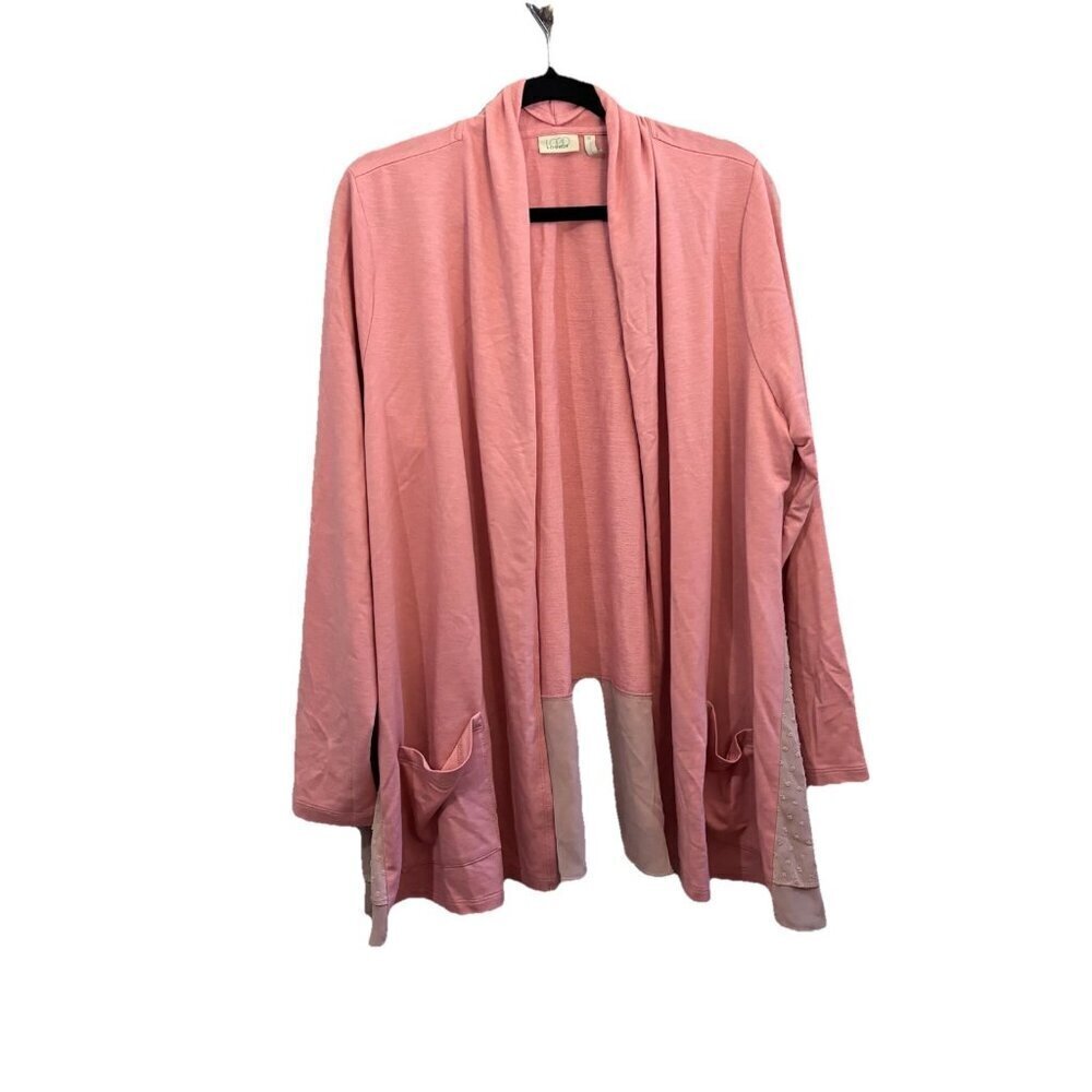 LOGO LOUNGE LORI GOLDSTEIN Open Cardigan Sweater Pink Pockets Layered Womens XL